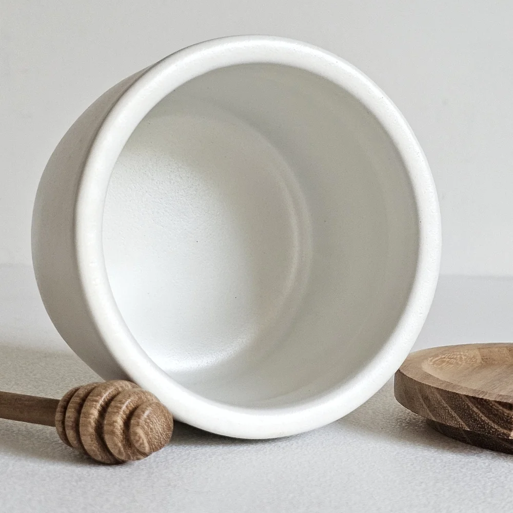 Heart & Hand With Magnolia Stonewear White Honey Jar Acacia Wooden Dipper & Lid